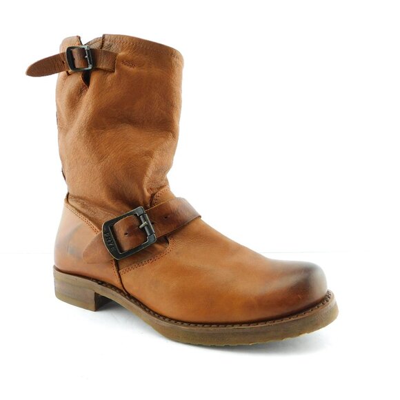 FRYE Cognac Brown Soft Leather Buckled Slouch Moto Boots 7.5 - Picture 1 of 9